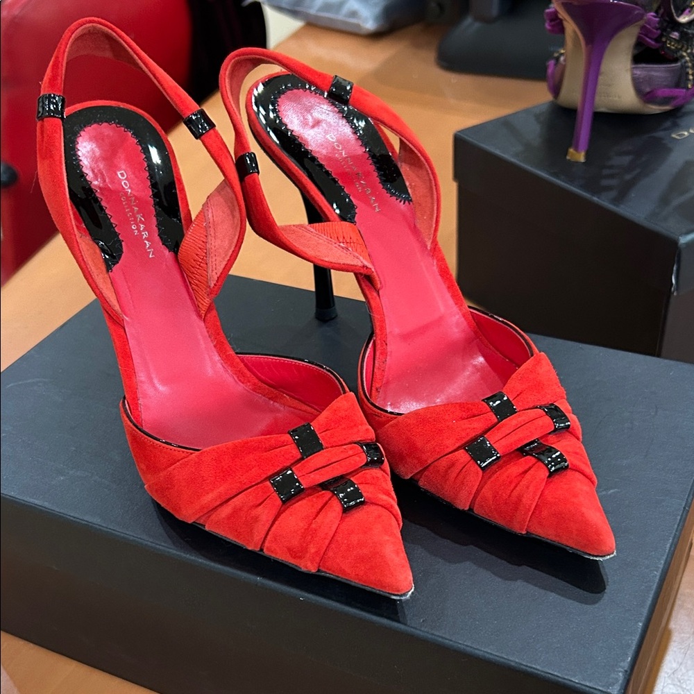 Donna Karan Red Suede Pointed-Toe Slingback Heels with Glossy Black Accents